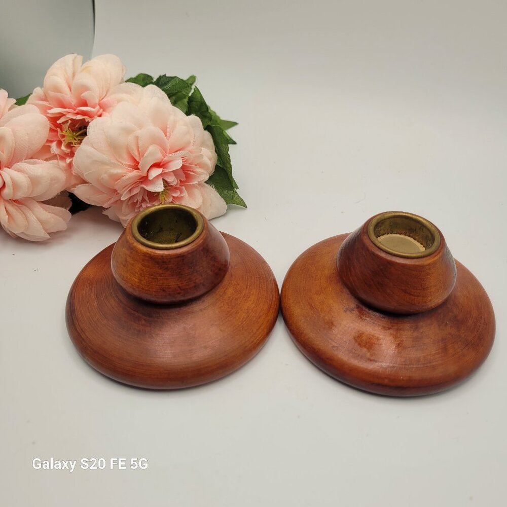 Vintage Pair Wood Turned Candleholders MCM Small Candlesticks